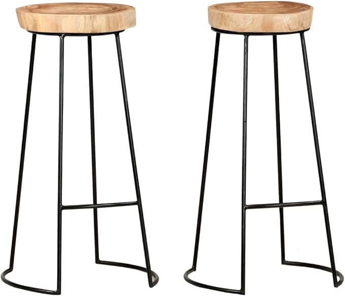 Set of 2 Bar Stools with Acacia Wood Seat and Black Steel Frame for Kitchen Island Dining Room or Patio Bar Area