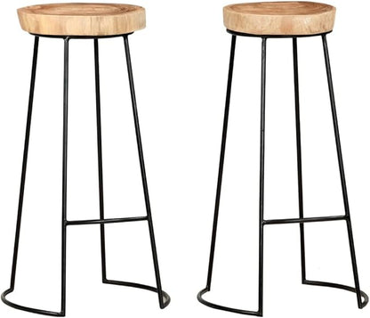 Set of 2 Bar Stools with Acacia Wood Seat and Black Steel Frame for Kitchen Island Dining Room or Patio Bar Area