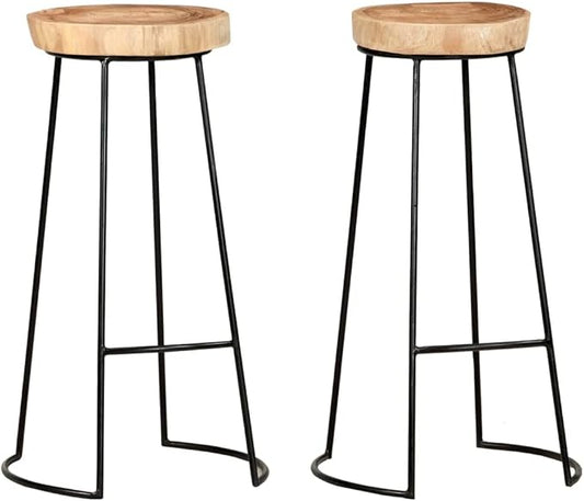 Set of 2 Bar Stools with Acacia Wood Seat and Black Steel Frame for Kitchen Island Dining Room or Patio Bar Area