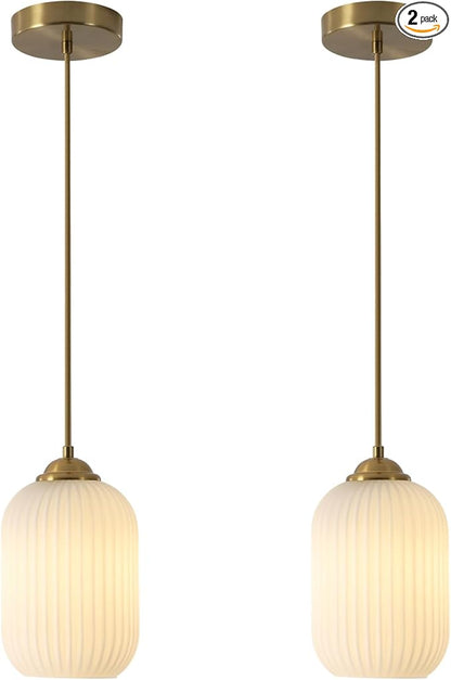KCO Lighting Mini Milk Glass Pendant Light Small Ribbed Glass Ceiling Light Modern Globe Pendant Lighting White and Gold Ceiling Hanging Lights Mid Century Brass Pendant Light Fixture 2 Pack