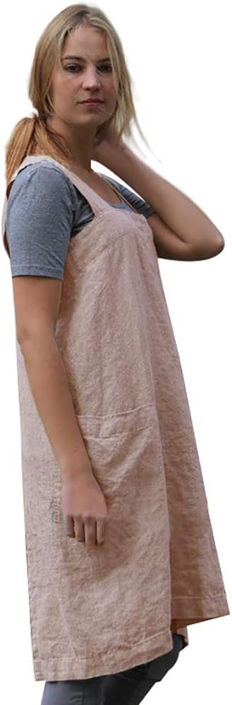 Larmliss Women's Pinafore Square Apron Baking Cooking Gardening Works Cross Back Cotton/Linen Blend Dress with 2 Pockets