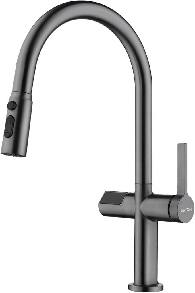 Lefton Touchless Pull-Out Kitchen Faucet, Hands Free Motion Sensor Activated, Battery-Free Temperature Display, KF2206 (Contemporary, Grey)