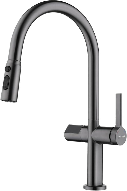 Lefton Touchless Pull-Out Kitchen Faucet, Hands Free Motion Sensor Activated, Battery-Free Temperature Display, KF2206 (Contemporary, Grey)