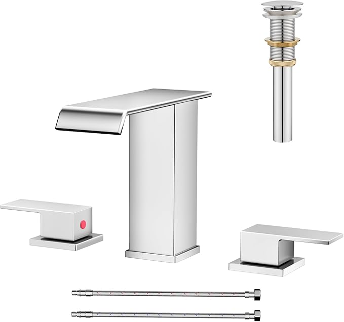 AVSIILE Waterfall Bathroom Faucet 3 Hole, Chrome 8 Inch Widespread Modern 3 Piece Touch On Lavatory Sink Faucets for Vanity RV Restroom, Straight Spout