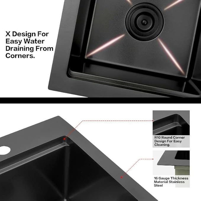 15 Inch Black Sink Drop In, 16 Gauge 304 Stainless Steel Workstaion Kitchen Sinks with Ledge & Accessories, 15" x 15" x10" Deep Bowl For Outdoor, RV,Prep Sink, and Wet Bar