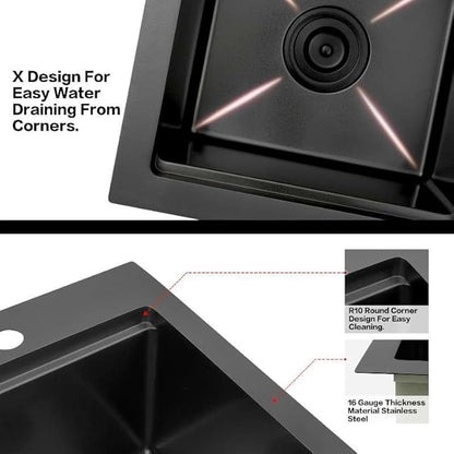 15 Inch Black Sink Drop In, 16 Gauge 304 Stainless Steel Workstaion Kitchen Sinks with Ledge & Accessories, 15" x 15" x10" Deep Bowl For Outdoor, RV,Prep Sink, and Wet Bar