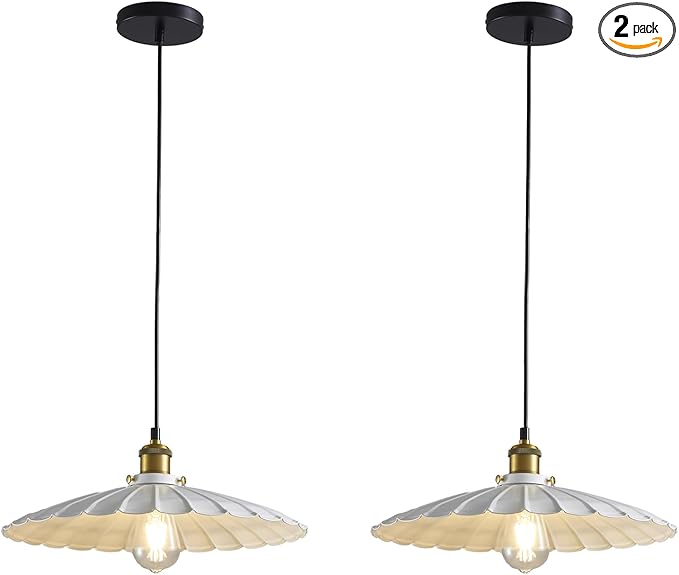 Pendant Light Fixture, White Farmhouse Vintage Hanging Lamp 15.7 Inch Lampshade with 6Ft Adjustable Light Cord Kitchen Hanging Lights Retro Island Pendant Lights for Kitchen 2Pack