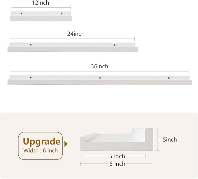 Oak Floating Shelves White for Wall 12 Inch (Upgrade Width 6"), Natural Wood Wall Shelves Display Picture Ledge Shelf for Living Room Bedroom Bathroom Kitchen Office Decor and Storage