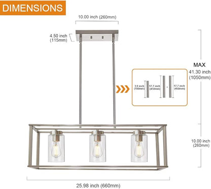 VINLUZ 3 Light Linear Chandeliers Brushed Nickel with Clear Glass Shade Modern Kitchen Island Pendant Dining Room Light Fixture Hanging Farmhouse Ceiling Light for Living Room Bar