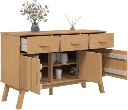 Brown Solid Pinewood Sideboard, Wax Finish, 44.9" x 16.9" x 28.9" Buffet Cabinet with Drawers, Scandinavian Furniture for Living Room, Kitchen Island Storage Kitchen Furnitur