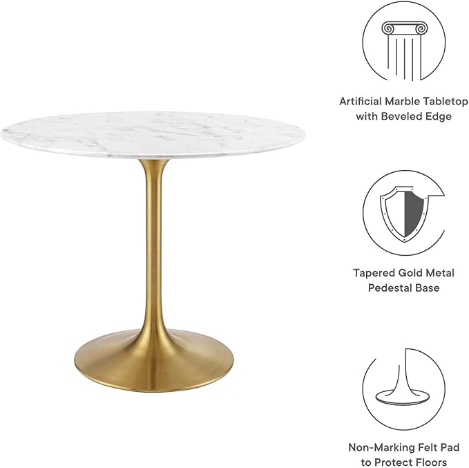 Modway Lippa 36" Mid-Century Dining Table with Round Artificial Marble Top in Gold White