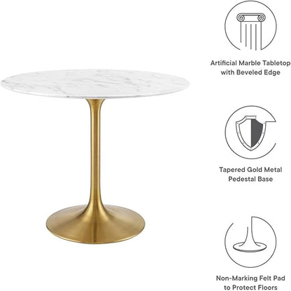 Modway Lippa 36" Mid-Century Dining Table with Round Artificial Marble Top in Gold White