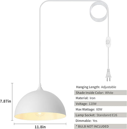 White Plug in Pendant Light,2 Pack 11.8inch Hanging Lights with Plug in Cord 14.7 ft, Hanging Pendant Light,Hanging Lamp Plug in for Bedroom Living Room Kitchen Island