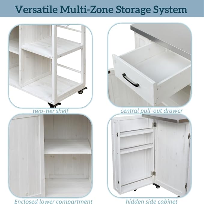 MERITLINE Outdoor Kitchen Island with Stainless Steel Top, Lockable Wheels & Towel Rack, Mobile BBQ Prep Cart with Hidden Cabinet, Drawer, Shelves for Patio, Garden, Backyard, White