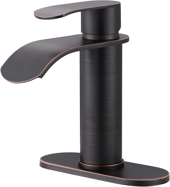 Waterfall Bathroom Faucet Single Handle – WOWOW Modern Oiled Rubbed Bronze Vanity Sink Faucet, Stainless Steel Basin Sink Tap for RV Lavatory 1 or 3 Hole, Hot & Cold Mixer Tap with Pop up Drain