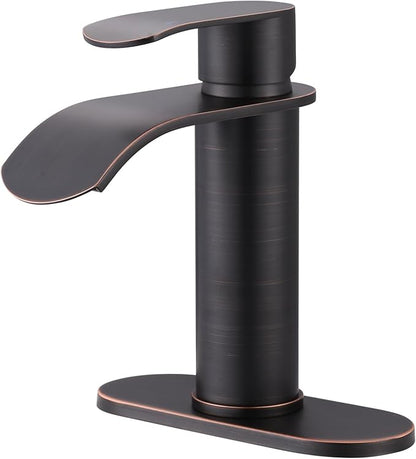 Waterfall Bathroom Faucet Single Handle – WOWOW Modern Oiled Rubbed Bronze Vanity Sink Faucet, Stainless Steel Basin Sink Tap for RV Lavatory 1 or 3 Hole, Hot & Cold Mixer Tap with Pop up Drain