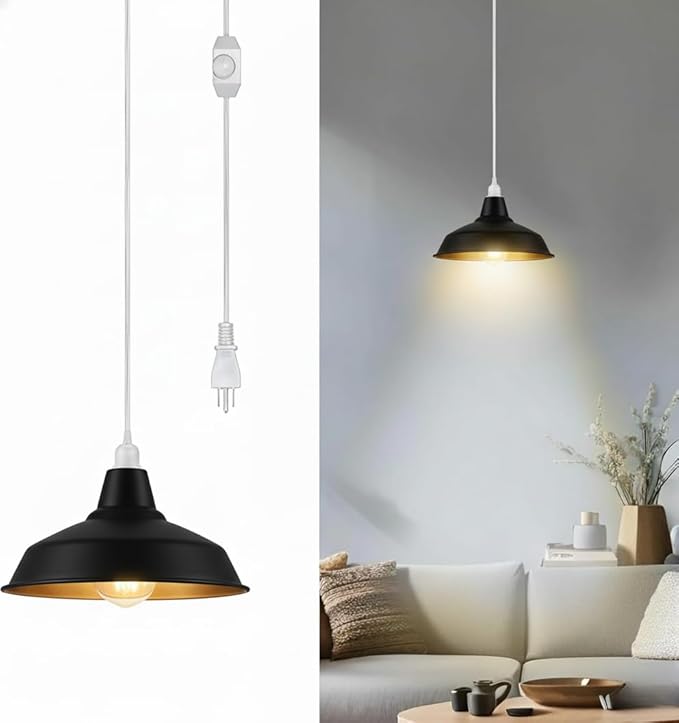 Plug in Pendant Light, 13.1FT Hanging Light with Plug in Cord and On/Off Switch, Industrial Black Inner Gold Barn Metal Shade Pendant Light for Kitchen Island, Dining Room, Bar, Cafe, Black Inner Gold