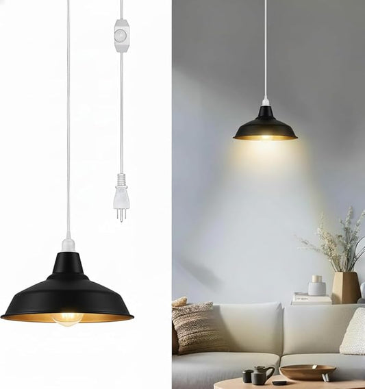 Plug in Pendant Light, 13.1FT Hanging Light with Plug in Cord and On/Off Switch, Industrial Black Inner Gold Barn Metal Shade Pendant Light for Kitchen Island, Dining Room, Bar, Cafe, Black Inner Gold