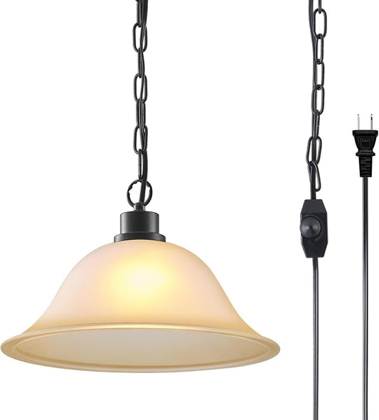ANYLOVE Vintage Plug in Pendant Light,12" Glass Shade,Black Chain,Adjustable Pendant Light,No Light Source,for Kitchen,Bedroom,Living Room