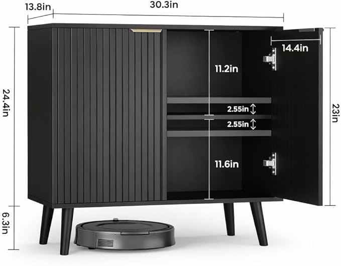 Pamapic Black Fluted Storage Cabinet, Sideboard Buffet with Doors and Shelf, Wooden Console Table & Credenza, Multifunctional Entryway Cabinet for Living Room, Dining Room (Black)