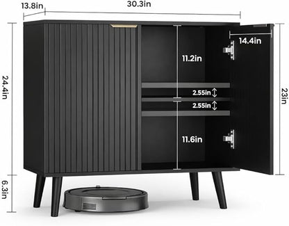 Pamapic Black Fluted Storage Cabinet, Sideboard Buffet with Doors and Shelf, Wooden Console Table & Credenza, Multifunctional Entryway Cabinet for Living Room, Dining Room (Black)