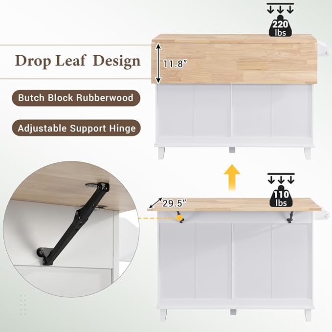 Farmhouse Kitchen Island with Drop Leaf Table and 2 Stools, Blue Storage Cart with Drawers, Cabinet and Towel Rack for Small Spaces (White + Solid Wood + Farmhouse)
