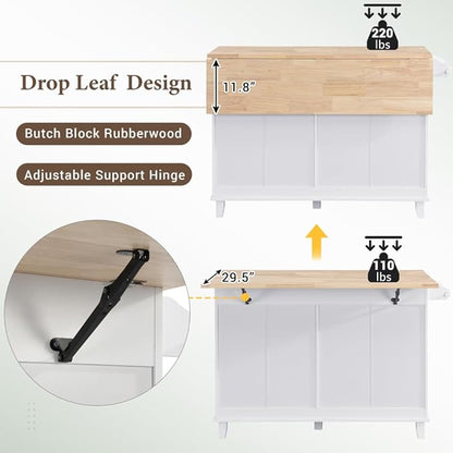 Farmhouse Kitchen Island with Drop Leaf Table and 2 Stools, Blue Storage Cart with Drawers, Cabinet and Towel Rack for Small Spaces (White + Solid Wood + Farmhouse)