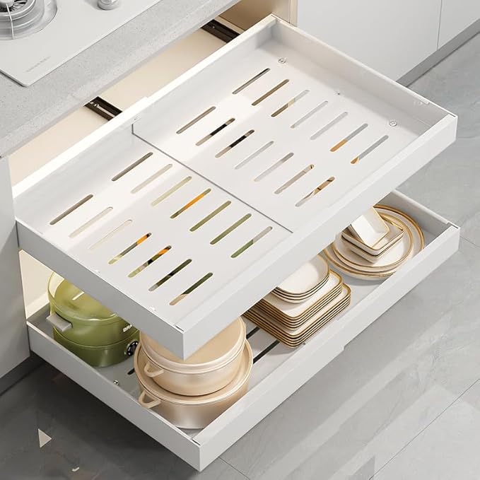 Pull-out Cabinet Organizer, ExpandableHeavy Duty Slide out Drawers Fixed with Adhesive Nano Film for Pots, Roll out Shelf Storage for Kitchen Base Cabinet Organization