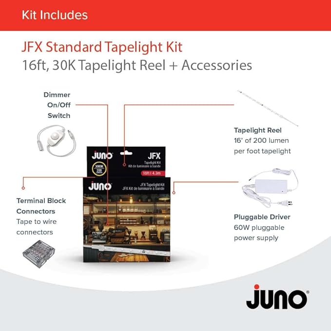 Juno JFX LED Tapelight Starter Kit, 16 Foot Neutral White LED Strip Light, Flexible Under Shelf LED Lighting with Dimmer, 200 Lumens, Easy Install Plug-in Light Strip for Kitchen or Accent Lighting