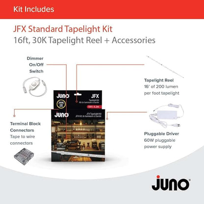 Juno JFX LED Tapelight Starter Kit, 16 Foot Neutral White LED Strip Light, Flexible Under Shelf LED Lighting with Dimmer, 200 Lumens, Easy Install Plug-in Light Strip for Kitchen or Accent Lighting