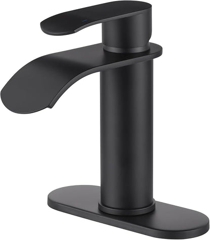 WOWOW Waterfall Bathroom Faucet Matte Black: Bathroom Sink Faucet for 1 Hole or 3 Holes, Single Handle Vanity Faucet with Pop up Drain, Stainless Steel Basin Sink Tap for RV Lavatory