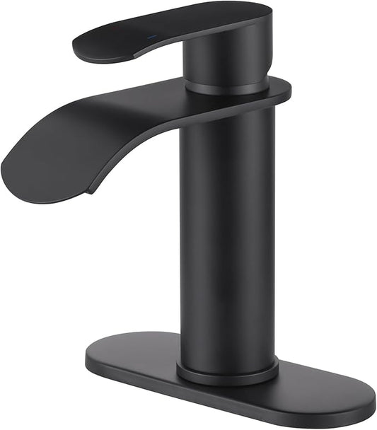 WOWOW Waterfall Bathroom Faucet Matte Black: Bathroom Sink Faucet for 1 Hole or 3 Holes, Single Handle Vanity Faucet with Pop up Drain, Stainless Steel Basin Sink Tap for RV Lavatory