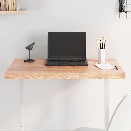 Light Brown Solid Oak Tabletop 31.5 x 19.7 Live Edge Butcher Block Countertop, Adjustable Height, Varnished Rustic Wood Surface for Dining Office Desk Kitchen, Natural Finish