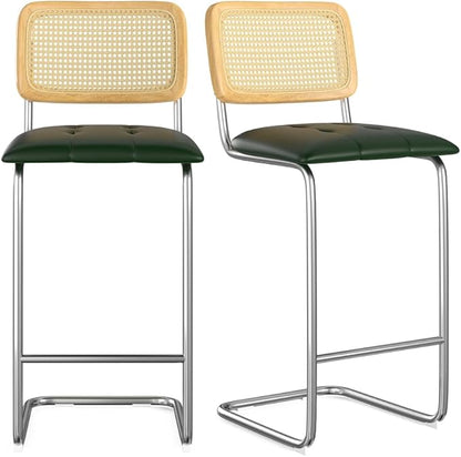Counter Height Bar Stools Set of 2, Upholstered PU Leather Barstools with Rattan Back, for Kitchen Island, Black (Green + Metal + Rattan + Rattan+Metal + Modern)