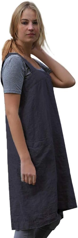 Larmliss Women's Pinafore Square Apron Baking Cooking Gardening Works Cross Back Cotton/Linen Blend Dress with 2 Pockets