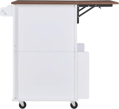 Farmhouse Kitchen Island with Drop Leaf Rolling Cart with Lockable Wheels Storage Island with Open Side Rack Storage Cart Practical(White)