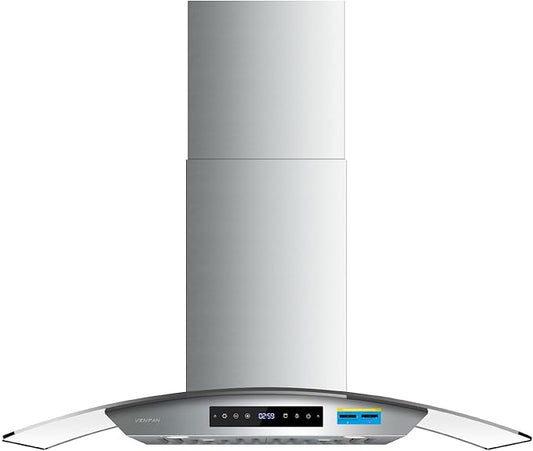 36 inch Wall Mount Range Hood, 1200 CFM Stainless Steel & Tempered Glass Vent Hood with 8-Speed Gesture Sensing and Touch Control, Dishwasher-Safe Baffle Filters, Delay Shutoff Timer