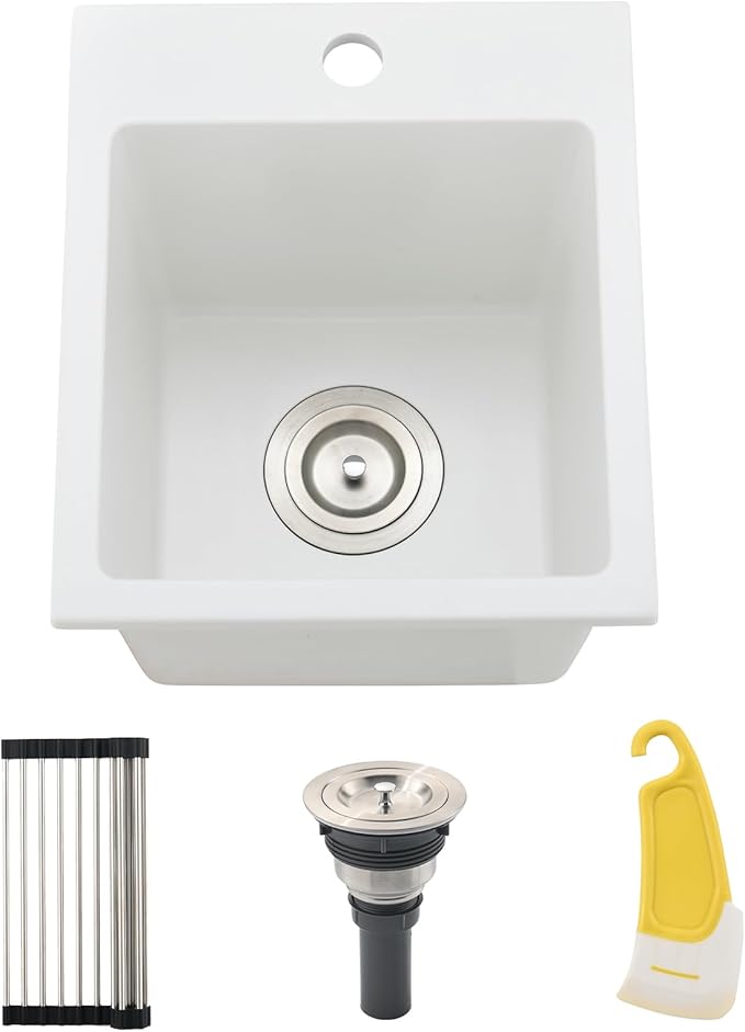 13x15 Inch Drop In Bar Sink, White Granite Composite Quartz Drop In Sink RV Wet Bar Prep Sink Quartz Topmount Single Bowl Kitchen Basin with Small Rubber Squeegee