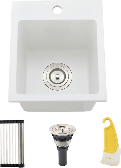13x15 Inch Drop In Bar Sink, White Granite Composite Quartz Drop In Sink RV Wet Bar Prep Sink Quartz Topmount Single Bowl Kitchen Basin with Small Rubber Squeegee