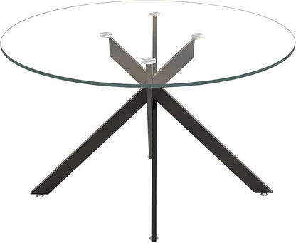 Black Glass Dining Table for 6 Modern 47.3" Round Kitchen Dining Room Table for 4-6 with X-Shape Metal Base Large Clear Glass Top Dining Tables for Home Kitchen