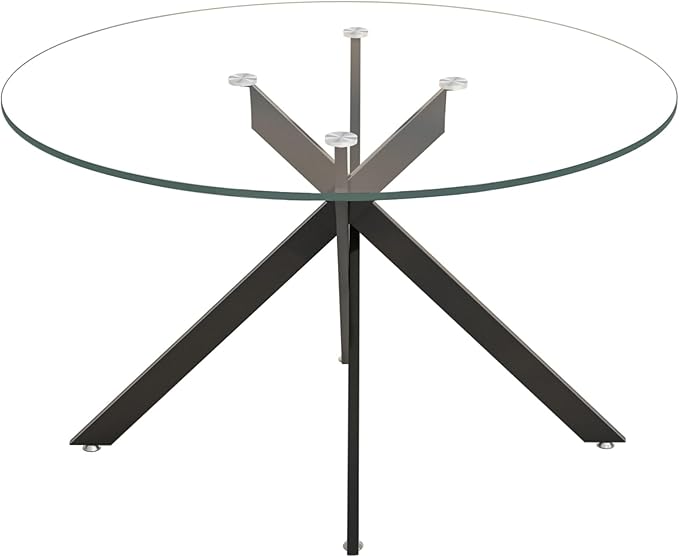 Pvillez 47.2“ Round Dining Table for 4, Contemporary Tempered Glass Dining Table, Small Dinner Table with Black Cross Metal Base, Round Clear Kitchen Table Writing Desk for Dining Kitchen