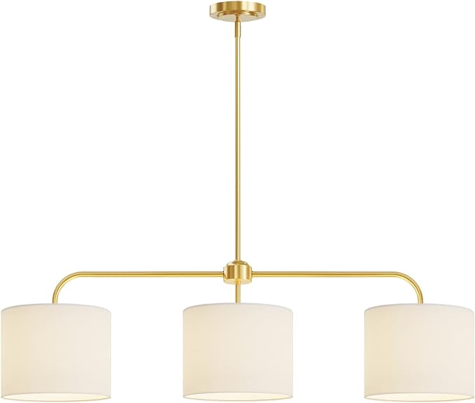 Electro bp 3-Light White Linen Drum Shade Chandelier with Polished Gold Metal Linear Pendant Light Fixture for Kitchen Island, Dining Table, E26, 180W