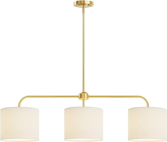 Electro bp 3-Light White Linen Drum Shade Chandelier with Polished Gold Metal Linear Pendant Light Fixture for Kitchen Island, Dining Table, E26, 180W