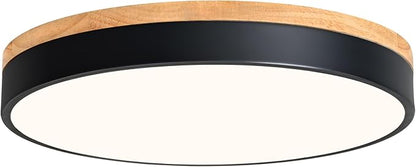 WOKNOS Modern Dimmable LED Close to Ceiling Light Minimalist Wood Oak Flush Mount Ceiling Light Fixture Circle Lighting for Bedroom Living Room Bathroom Laundry Room (Black, 15.7'')