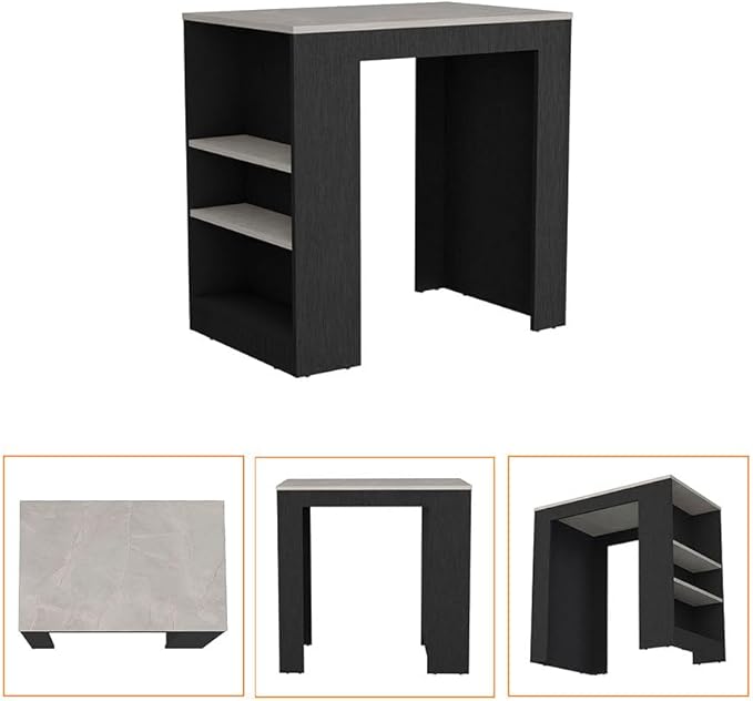 Modern Dining Table Kitchen Island Counter Height Table Top with 3-Side Shelf Adjustable Sturdy Stable Easy Clean Luxury Console Living Room Decor,Black