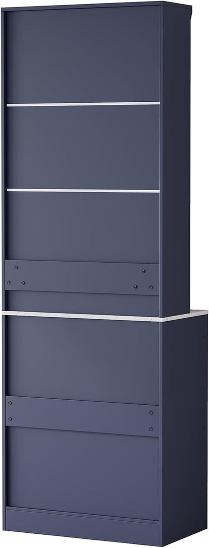 Modern 83.7inch High Kitchen Pantry Freestanding Tall Hutch with Faux Marble Top Display Cupboard with 5 Storage Drawers Practical(Blue)