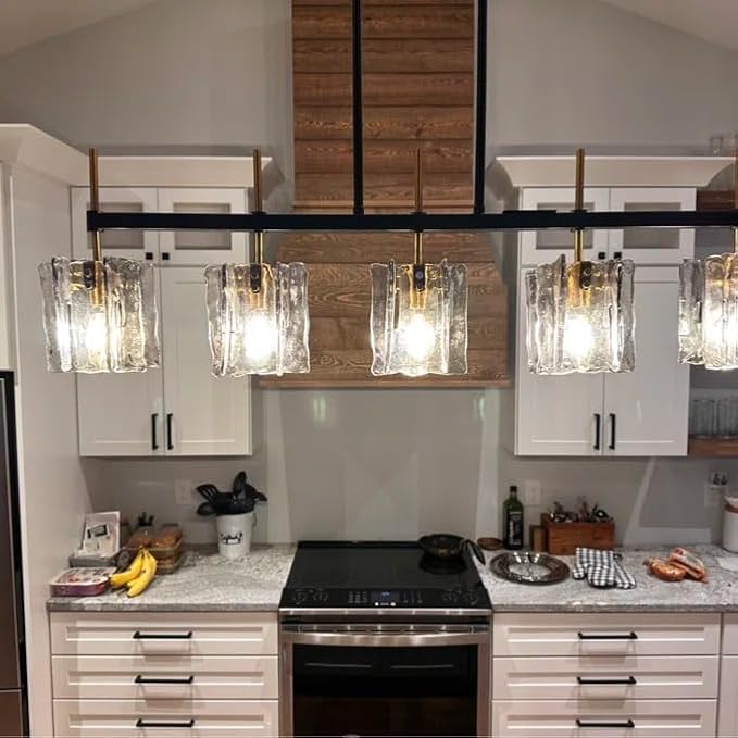 5-Light Farmhouse Linear Chandelier Pendant Lighting 39" W Ceiling Light Matte Black and Brass Gold, Smoked Glass Shade, Blown Glass, for Dining Table, Kitchen Island Light Fixtures