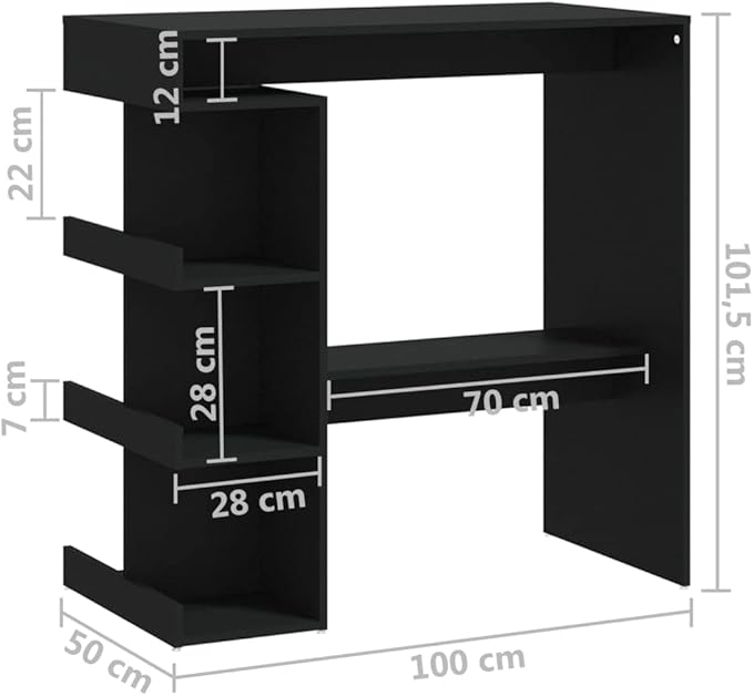 Bar Table Black Engineered Wood, Standard Rectangular Kitchen Dining Table, Modern Design for Indoor Living Space, 3 Shelves, Footrest, 39.4 x 19.7 x 40.0 Inches