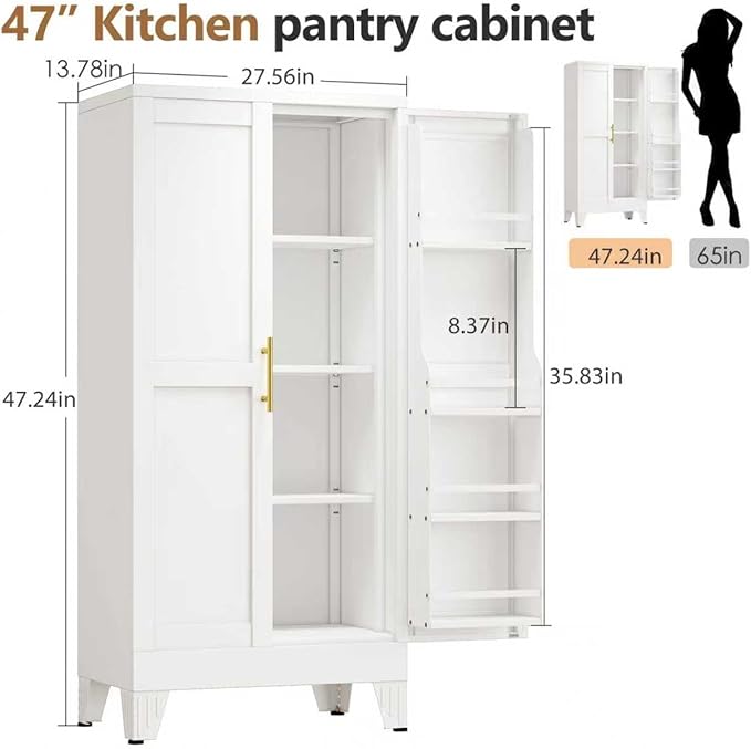 PAOFIN 47" Kitchen Pantry Cabinet, Metal Storage Cabinet with 3 Adjustable Layer Shelves, 8 Door Shelves, Buffet Sideboard for Living Room, Kitchen, White
