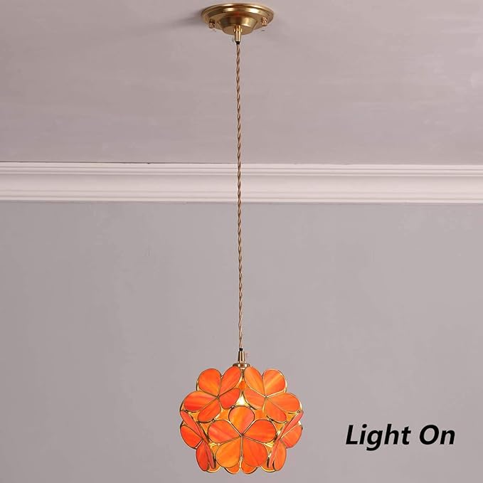 Bieye L10749 Petals Tiffany Style Stained Glass Ceiling Pendant Light with 8-inch Wide Lampshade (Orange, 8" Cherry Blossom)